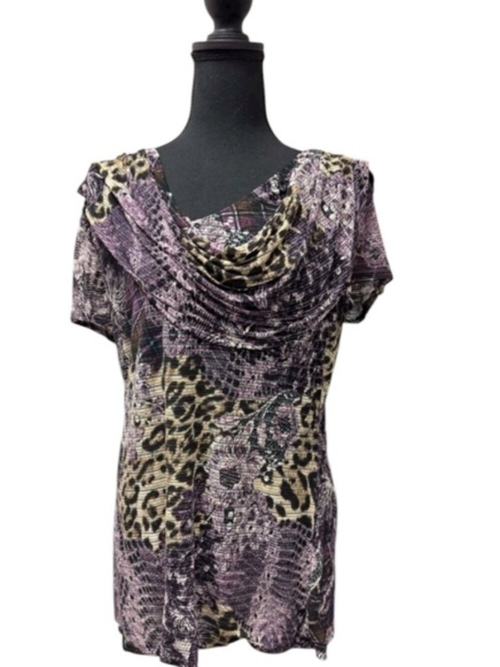Susan Lawrence Elegant Purple & Black with animal print Cowl Neck Boho Blouse M